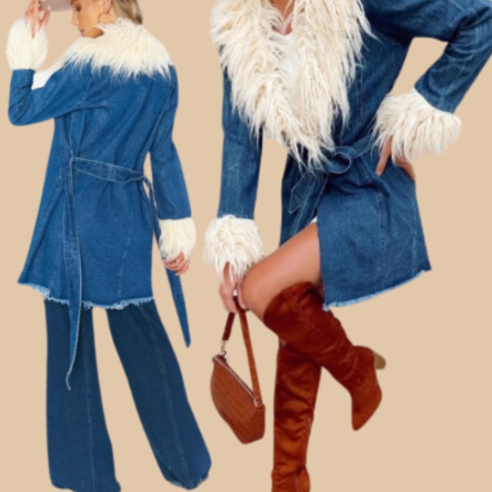 New and Fabulous Retro Faux Textured Fur Denim Boho Coat - Picture 7 of 7